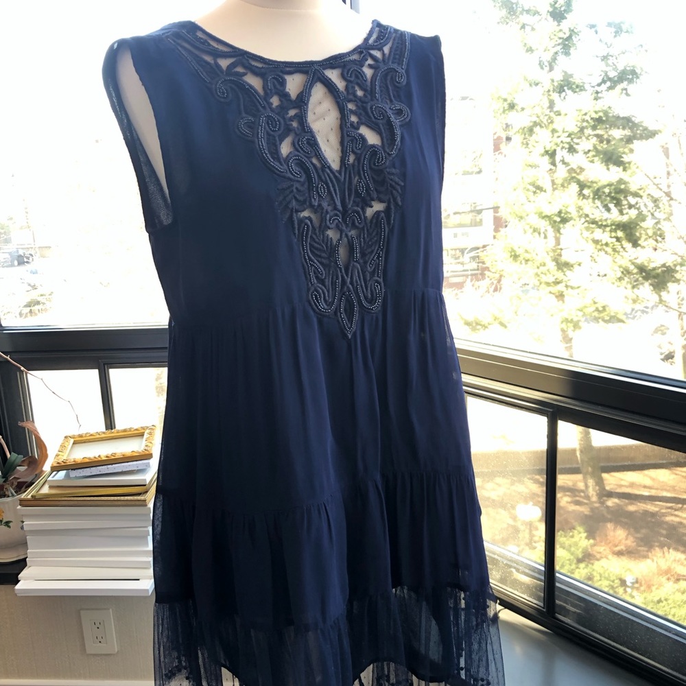 Zara navy beaded appliqué tule mini dress  Sz M